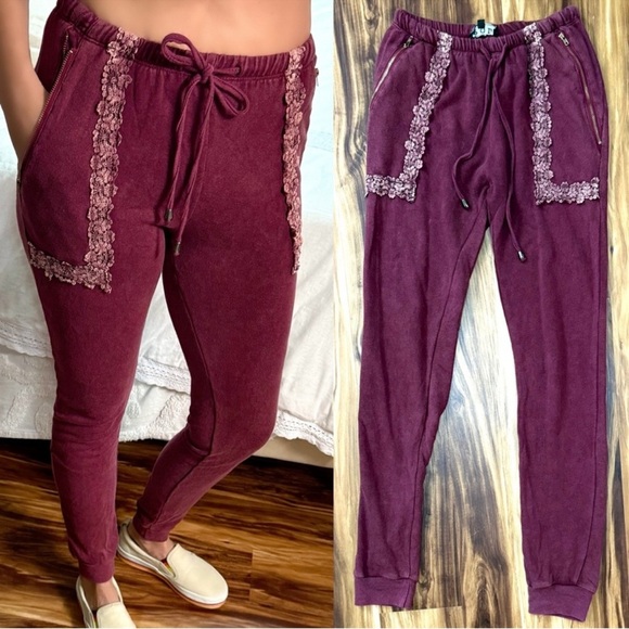 POL Maroon Lace Accent Jogger Pants - Picture 1 of 4